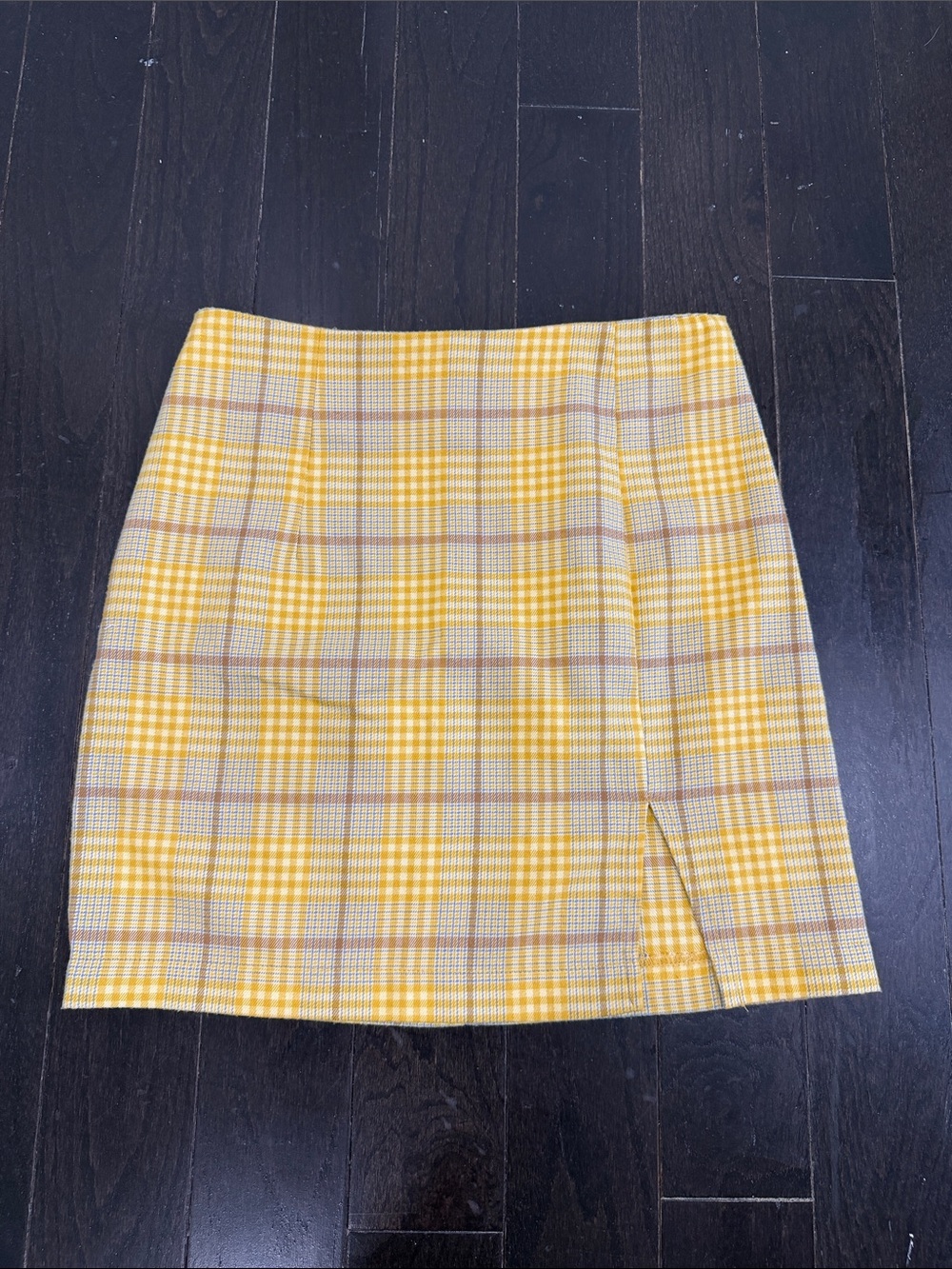 Yellow Plaid Mini Skirt with Front Slit